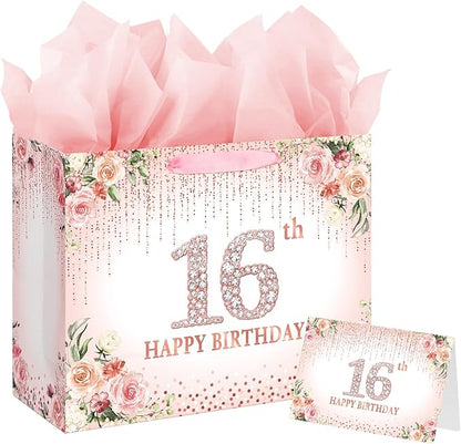 Laidans Sweet 16th Happy Birthday Gift Bag with Tissue Paper and Card for Girls Kids Birthday Party (Rose Gold) (16th)