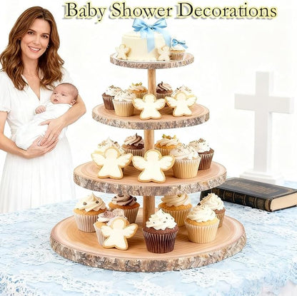Cupcake Stand, 4 Tier Large Cupcake Stand Rustic Dessert Table Display Set Wood Cupcake Tower Cake Stand Tiered Tray Stand for Wedding Birthday Shower Comes with 10 Sets Wooden Utensils