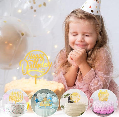 150 Pcs Happy Birthday Cake Toppers Acrylic Cake Topper Glitter Birthday Cake Decorations Double Sided for Adults Various Cake Decoration Party Supplies(Gold,Retro)