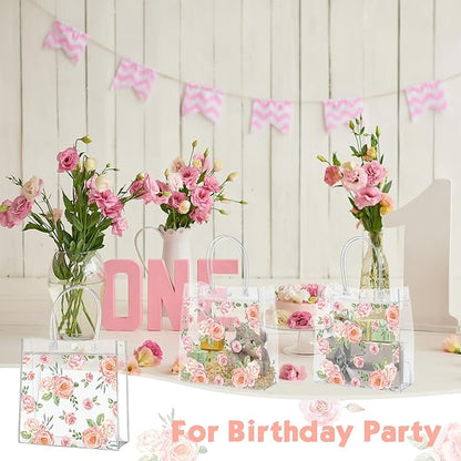 Aliceset 20 Pcs Mother's Day Clear Floral Gift Bags with Handles Flower Rose Party Goodie PVC Treat Bags for Tea Party Baby Shower Birthday Bridal Shower, 8 x 8 x 3.15 Inch