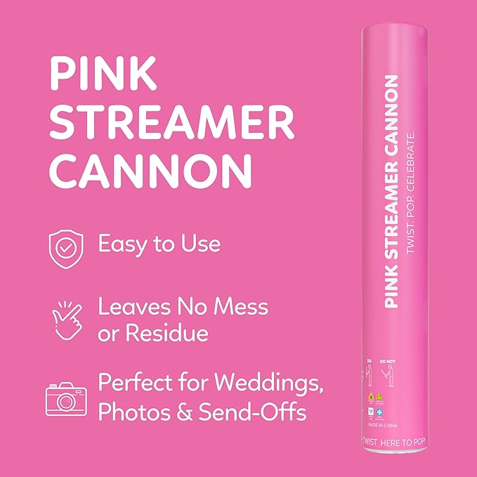 Pink Streamer Cannon Poppers | 2 Pack | Biodegradable Pink Streamers | TUR Party Supplies | Up to 25ft | Giant (12”) | Party Poppers for Graduation, Birthdays, and Bachelorette & Princess Parties