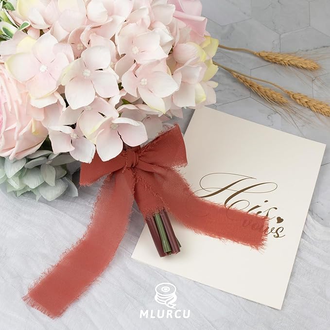 Rust Chiffon Ribbon - 1.5 Inch x 21 Yards, Handmade Fringe, Silk, Boho Frayed, Perfect for Gift Wrapping, Wedding Invitations, Bridal Flower Bouquets