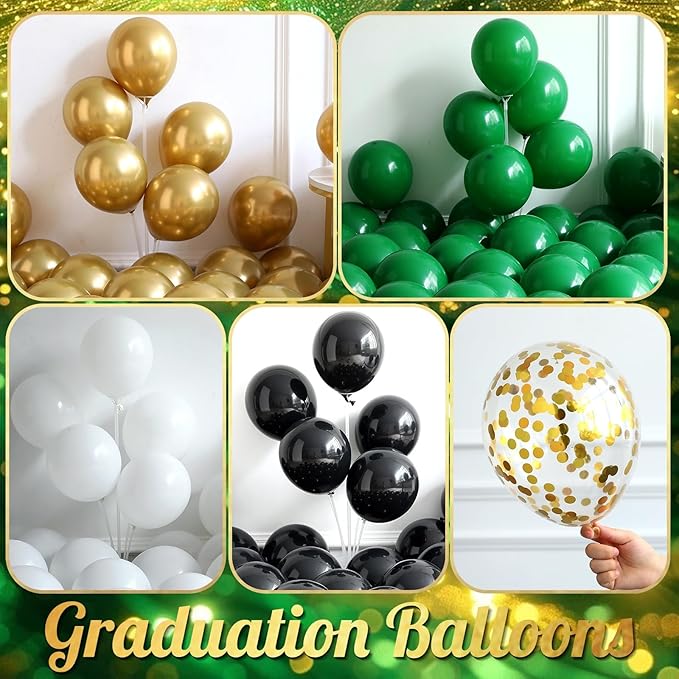 141Pcs Green Gold Black Graduation Balloon Garland Arch Kit,with Explosion Star,Diploma,Trophy,Grad Hat,Photo Frame Foil Balloon for Congrats Class of 2026 Graduates Celebration Party Decoration