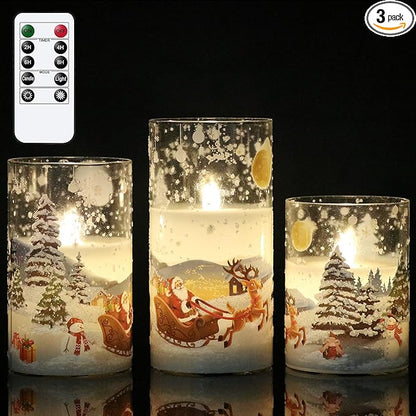Santa Claus Glass Flameless Candles Battery Operated Remote and Timer Real Wax LED Flickering Pillar Candles White Cold Light Window Christmas Holiday Decor D3 x H4, 5", 6"