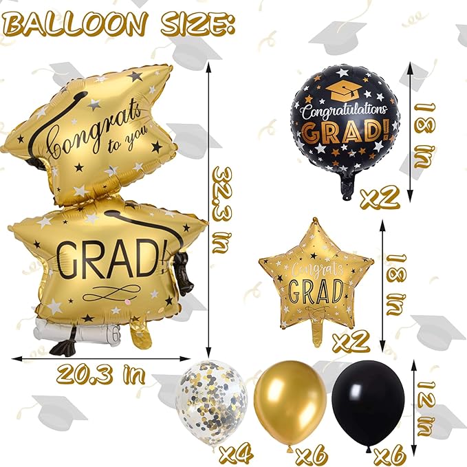 21 PCS Graduation Decorations Balloons, Black and Gold Balloon Grad Cap Round & Star Foil Balloons Congrats Grad for Boy Girls Graduation Party Decorations Supplies