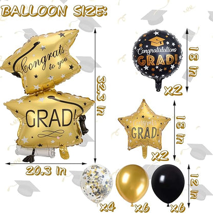 21 PCS Graduation Decorations Balloons, Black and Gold Balloon Grad Cap Round & Star Foil Balloons Congrats Grad for Boy Girls Graduation Party Decorations Supplies
