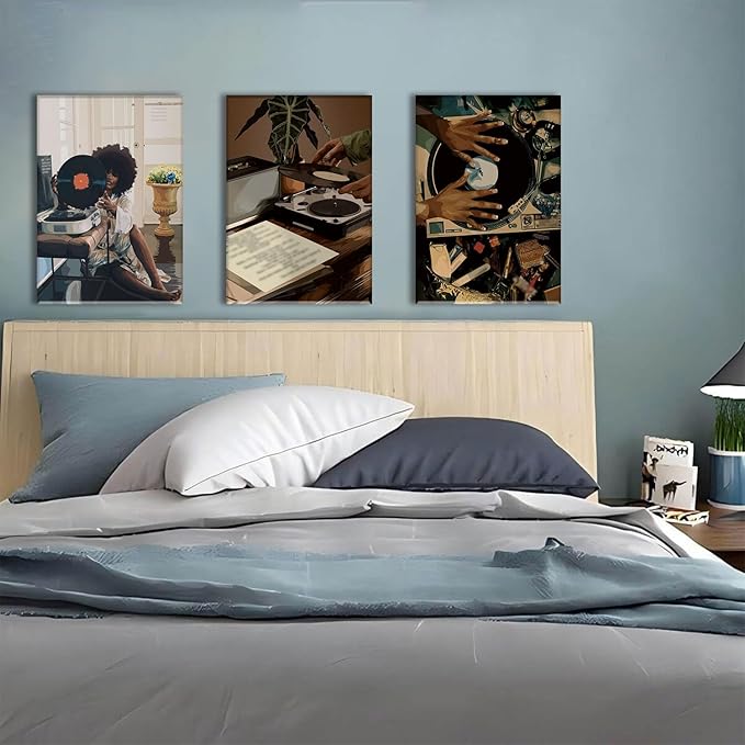 AOYUSMO 3 Piece Black Girl Wall Art African American Wall Decor Black Woman Canvas Art Fashion Music Pictures Dj Studio Paintings Trendy Artwork For Living Room Bedroom