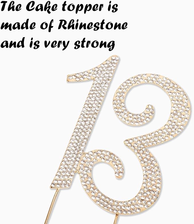 Bling Crystal Rhinestone 13 Birthday Cake Topper - Best Keepsake | 13th Party Decorations Gold