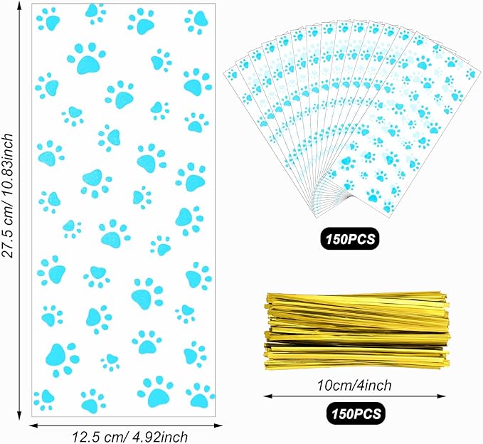 Boao 150 Pcs Dog Pet Paw Print Cellophane Bags Treat Gift Candy Cookie Bags with 150 Pieces Twist Ties for Dog Party Favor Decorations(Blue)