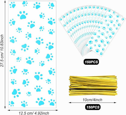 Boao 150 Pcs Dog Pet Paw Print Cellophane Bags Treat Gift Candy Cookie Bags with 150 Pieces Twist Ties for Dog Party Favor Decorations(Blue)