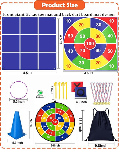Outdoor Giant Tic Tac Toe Games, 4.5FT x 4.5FT Double-Sided, 26" Dart Board with Sticky Balls, Soft Plastic Cones Ring Toss Game Set for Kids Adults Family Outside Carnival Lawn Yard Party Games