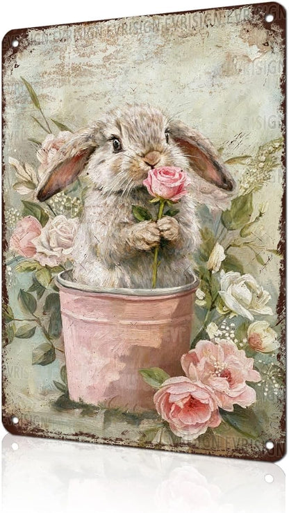Easter Vintage Rabbit Metal Sign Rustic Farmhouse Wall Art For Home Office Garage Dining Room Indoor Outdoor Decor 8x12Inch