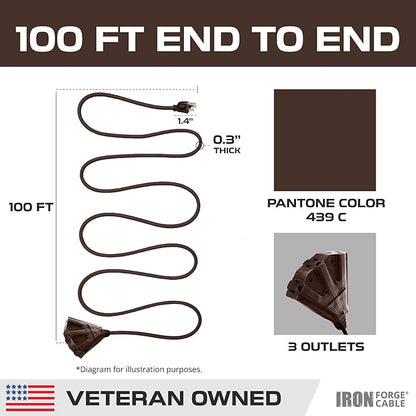 Iron Forge Cable 100ft Brown Outdoor Extension Cord with 3 Outlets - 16/3 SJTW 100ft Extension Cord 3 Prong, 13 Amp All-Weather Heavy Duty Power Cable