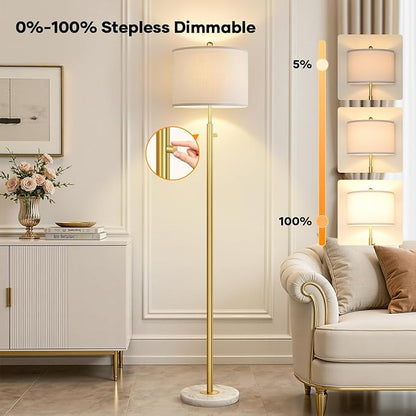 【Upgraded】Dimmable Gold Floor Lamps for Living Room, 11W LED Bulb Included, Modern Standing Lamp with Marble Base, Tall Pole Light with White Linen Shade for Bedroom Reading Office Corner Nursery