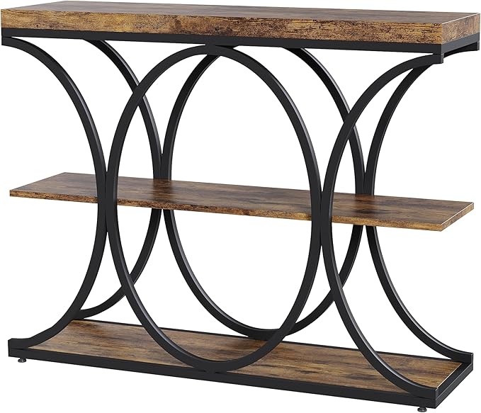 Garvee 39" Narrow Console Tables for Entryway, Industrial 3-Tier Sofa Table with Round Metal Base and Storage Shelves for Living Room, Hallway, Foyer, Retro Brown