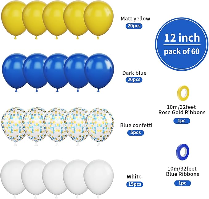 Biapian Yellow Blue Balloons, 60PCS Blue Yellow White Balloons, 12 Inch Blue Gold Confetti Balloons Dark Blue Latex Balloon Helium for Birthday Wedding Graduation Baby Shower Soccer Party Decoration