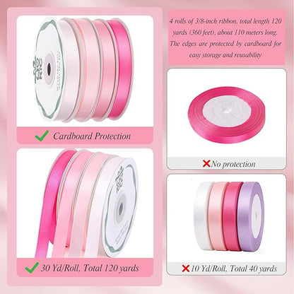 woric 120 Yards Pink Satin Ribbon 3/8 Inch x 4 Rolls, 30 Yd/Roll Mothers Day Craft Thin Ribbon for Graduation Leis Gift Wrapping Hair Bows Baby Bridal Shower Wedding Decor