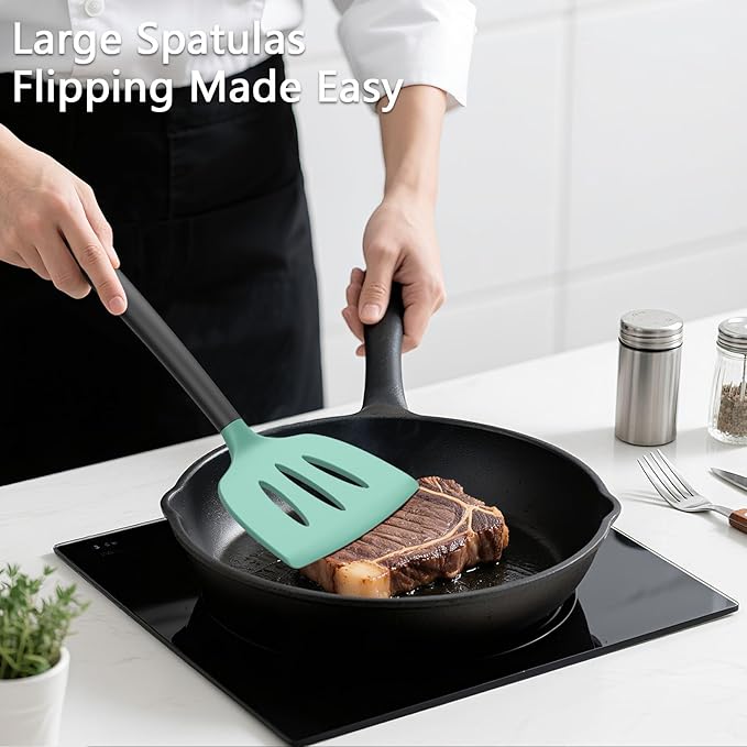 Coukre 3 Pack Silicone Spatula Set, High Heat Resistant, BPA-Free, Fish Spatula, Solid & Slotted Turner for Non-Stick Pans, Flipping Eggs, Pancakes, Fish, Burgers (3, AquaGreenBlack)