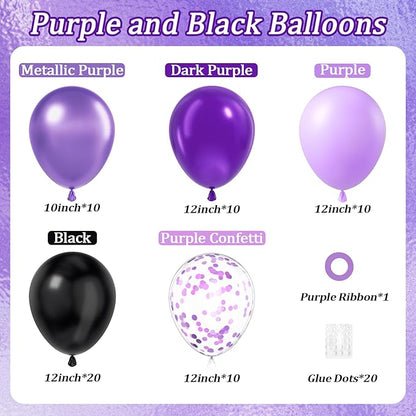 60pcs Purple and Black Balloons 12inch, Black Metallic Dark Purple Confetti Balloons for Birthday Party Decorations