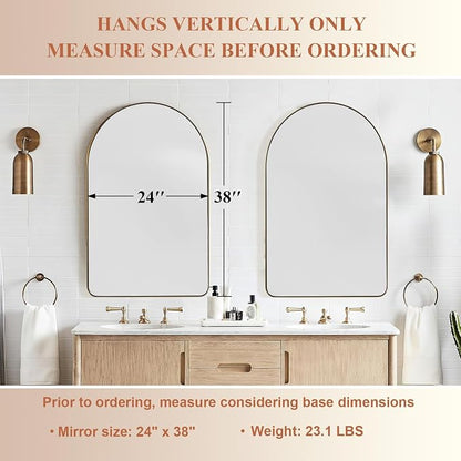 ANDY STAR Arched Mirror, 24 x 38 Inch Gold Vanity Mirror in Stainless Steel Metal Frame, Arch Top Rounded Corner 1 Inch Deep Set Design Wall Mount Hangs Vertical