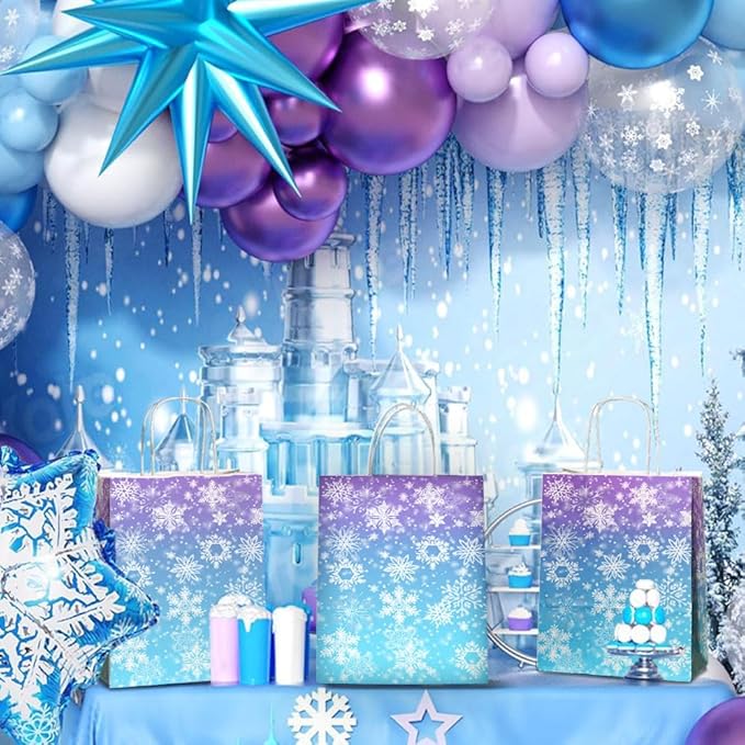 24 Pcs Snowflake Party Favor Bags with Handles - Winter Themed Goodie Gift Candy Kraft Paper Bags for Holiday Birthday Party Supplies Decorations