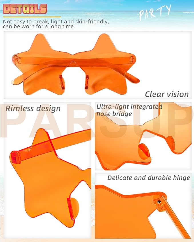 14 Pairs Star Shaped Rimless Sunglasses Frameless Star Sunglasses Transparent Candy Color Glasses Tinted Eyewear Bachelorette Party Favors Photo Booth Props, Aircraft Box Well Packaged,14 Colors