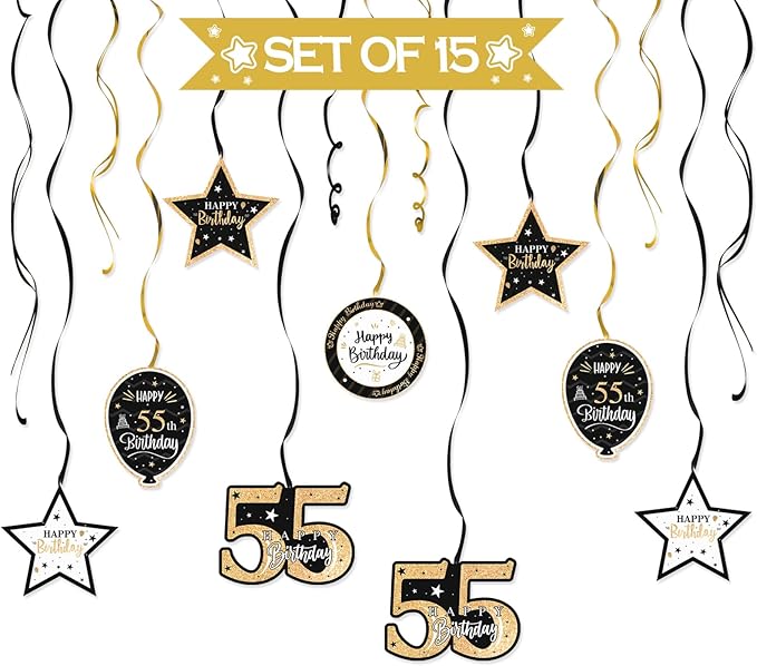 Happy 55th Birthday Black & Gold Glitter Swirls Streamers Party Decorations - 15 Pcs 55th Birthday Hanging Swirls Streamers Kit,Perfect for 55th Bday Party Sign.