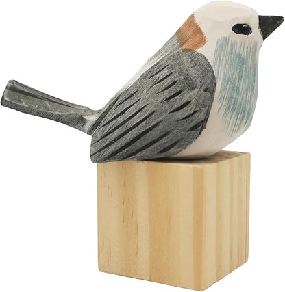 DIYOMR Bird Figurine, Hand Carved Birds Wood Décor, Art Animal Wooden Sculpted Bird with Wood Block, Vivid Bird Statue for Gift Home Table Ornament Decor (Long-Tailed Tit)