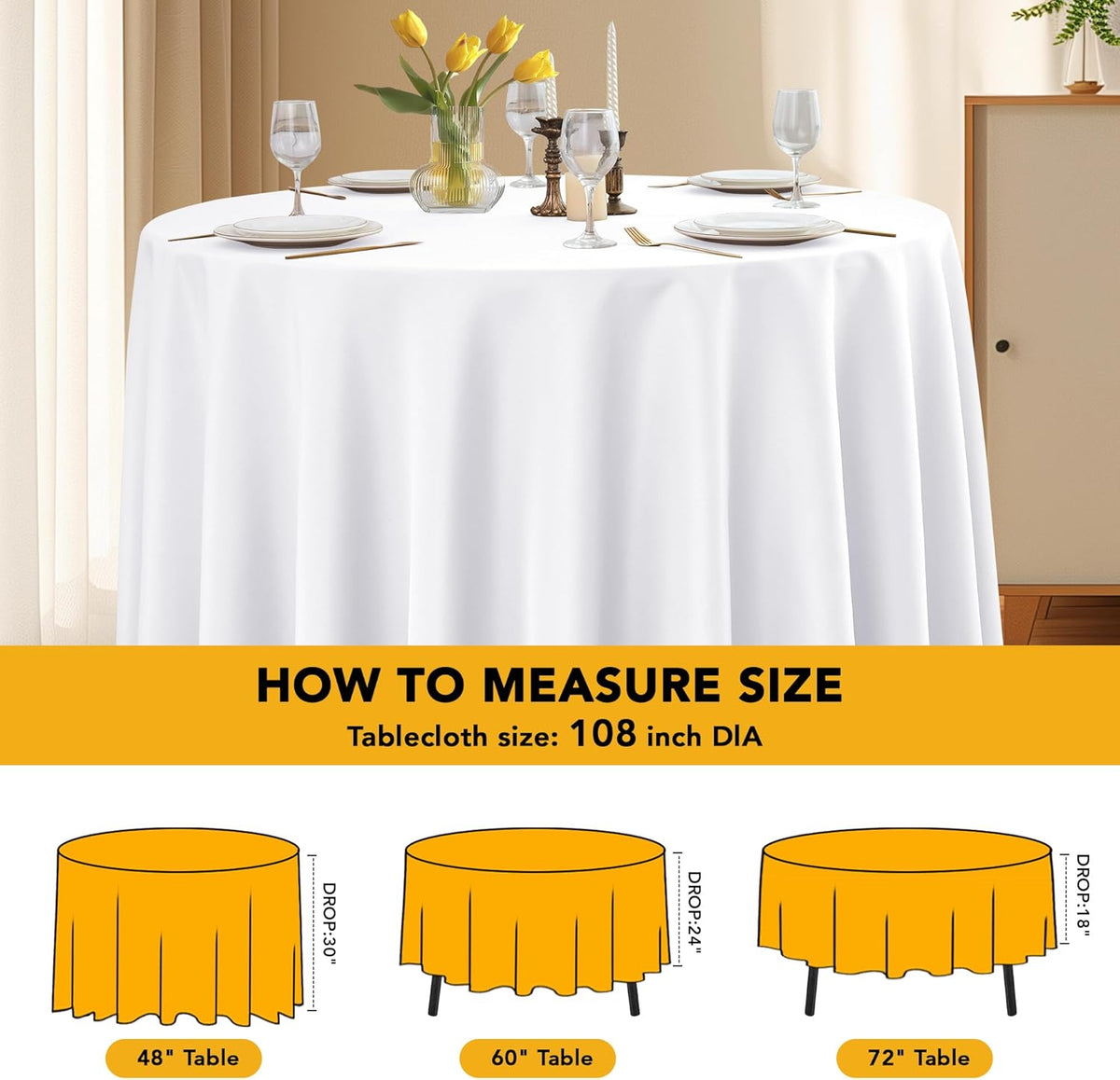 10-Pack White Round Tablecloths, 108 Inches, Stain-Resistant Polyester for 4-5 Ft Round Tables - Washable Table Covers for Weddings, Banquets, Birthday Parties, Events