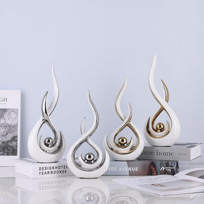 2PCS Abstract Art Ceramic Sculptures, Modern Decor Figurines for Living Room Decorative Objects, Sculptures Home Decor Set for Table, TV Stand, Entryway, Bookshelf Display (White Silver)