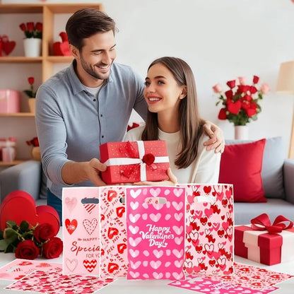 Valentines Treat Bags, 50 PCS Valentines Gift Bags with Handles, 7x10 Inch Plastic Happy Valentine's Day Goodie Cookie Candy Bag for Valentine's Day Wedding Anniversary Engagement Party Favor Supplies