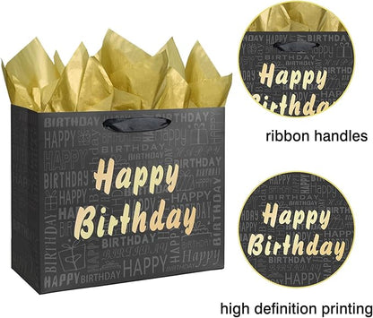 Laidans 13" Large Black and Gold Happy Birthday Gift Bag with Tissue Paper and Card for Men Women Birthday