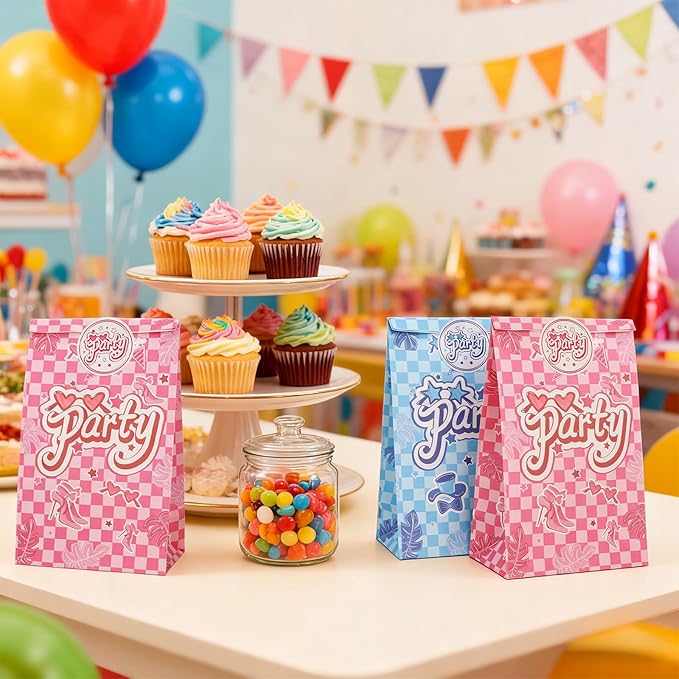 Suwimut 60 Pack Party Gift Bags with Stickers, 5.1 x 3.1 x 8.6 Inches Pink and Blue Birthday Goodie Bags, Small Gift Bag Paper Treat Bag for Girls Boys Kids Birthday Party, Baby Shower, Halloween, Wedding