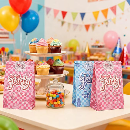 Suwimut 60 Pack Party Gift Bags with Stickers, 5.1 x 3.1 x 8.6 Inches Pink and Blue Birthday Goodie Bags, Small Gift Bag Paper Treat Bag for Girls Boys Kids Birthday Party, Baby Shower, Halloween, Wedding