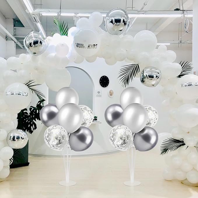 ZJDHPTY Silver and Gray Party Decorations,4 Set Balloon Stand with Pump and Silver Gray Balloons for 25th Birthday 25th Anniversary Wedding Bridal Shower Graduation New Year Party Supplies