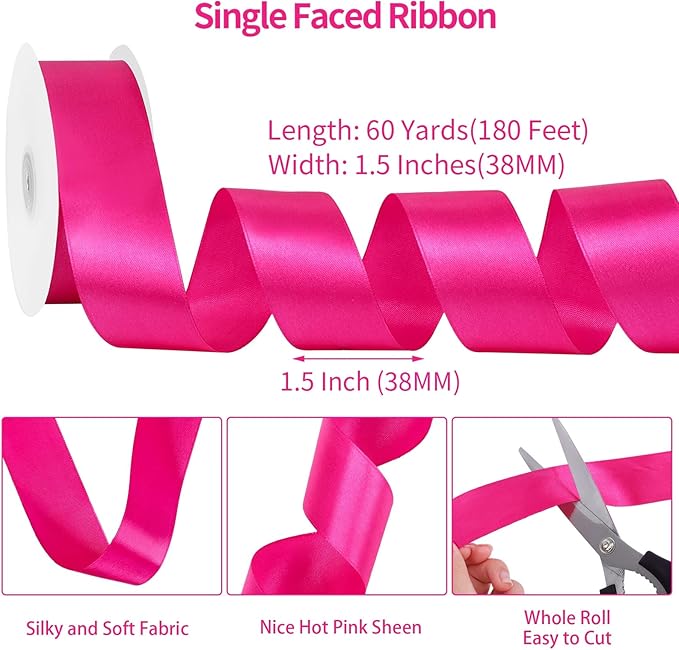 woric Hot Pink Ribbon 1 1/2 Inch 60 Yards Pink Bows Decor Satin Ribbon for Mothers Day Flower Bouquet Gift Wrapping Bows Crafts Wedding Holiday Decorations