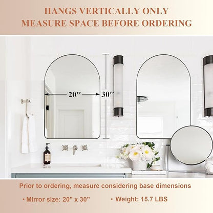 ANDY STAR Arched Mirror, 20" x 30" Brushed Nickle Bathroom Mirror in Stainless Steel Metal Frame, Arch Top Rounded Corner 1" Deep Set Design Wall Mount Hangs Vertical