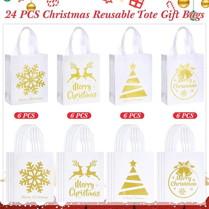 Wesnoy 24 Pcs Christmas Gift Bags Bulk 10 x 8 x 4 Inch Christmas White Gold Non Woven Party Favors Goodies Candy Bags with Handles for Holiday Gift Birthday Party Supplies