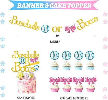 Hombae Baseball or Bows Gender Reveal Decorations, 171 PCs Boy or Girl Gender Reveal Decorations Backdrop Balloon Garland Banner Tablecloth Cake Cupcake Topper Box Cutout Poster Sash Pink Blue