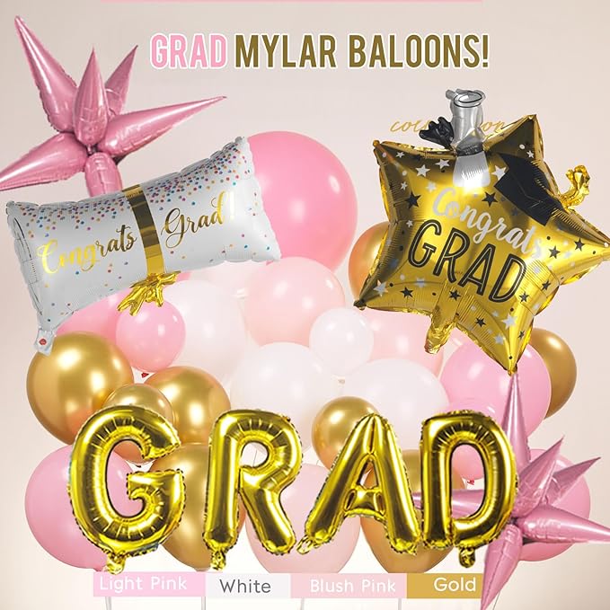 Pink and Gold Themed Graduation Balloon Garland Arch Kit with Large foil Balloons for High School College students graduate class of 2025 Prom Congrats Party Decorations Backdrop (Pink white gold)