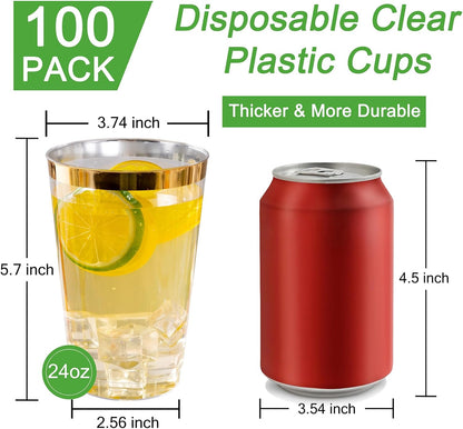 I00000 100 Pack 24 oz Gold Plastic Cups, Elegant Gold Rimmed Plastic Cups, Disposable Cocktail Glasses Wine Glasses, 24 oz Premium Tumblers Perfect for Birthday, Party & Wedding