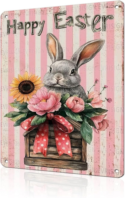 Easter Bunny Flower Basket Metal Tin Sign“Happy Easter” Retro Vintage Art Wall Plaque Spring Decor for Homes, Living Rooms, Gardens 12x16Inch