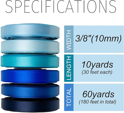Blue Satin Ribbon 3/8 Inch 60Yds Navy Blue Royal Blue Light Blue Ribbon Assorted Solid Color Thin Double Faced Satin Ribbon for Flower Bouquet Wedding Invitation Crafts Gift Wrapping Hair Bows