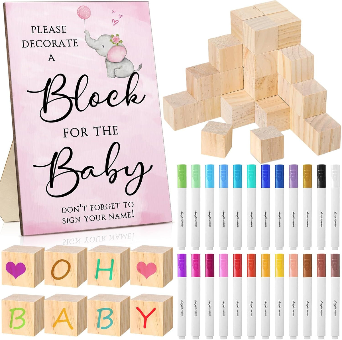 Tatuo 75 Pcs Baby Shower Games Sign Kit Including Decorate a Block Game Sign 50 DIY Wooden Block 24 Acrylic Paint Marker Baby Shower Prize for Gender Reveal Party(Elephant)