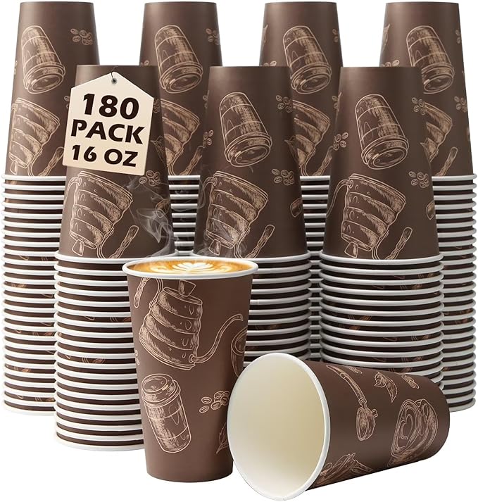 Paper Cups 16 oz 180 Pack, Disposable Coffee Cups, Dispoable Paper Drinking Cup for Coffee, Hot Cups for Party, Picnic, Travel, and Events