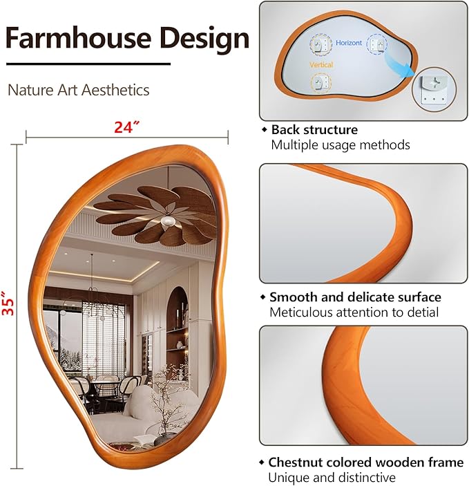 Irregular Wall Mirror with Wood Frame, 35" x 24" Orange Asymmetrical Mirror, Decorative Mirrors for Bedroom Living Room Entryway Hallway Cloakroom, Shatterproof, Horizontal/Vertical