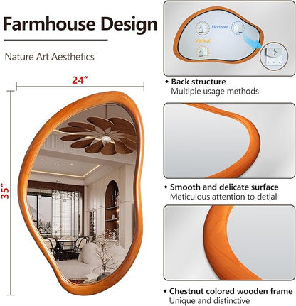 Irregular Wall Mirror with Wood Frame, 35" x 24" Orange Asymmetrical Mirror, Decorative Mirrors for Bedroom Living Room Entryway Hallway Cloakroom, Shatterproof, Horizontal/Vertical