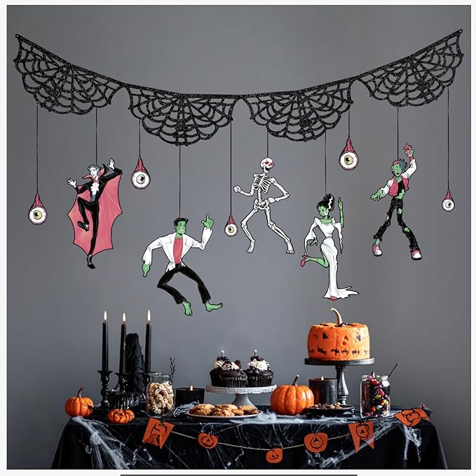 Cheerland Halloweens Garland Skeleton Garland Decoration Spooky Banner Spider Web Halloween Party Decorations Hanging Monster Bash Haunted Summerween Gothic Horror Birthday Skull Party Supplies