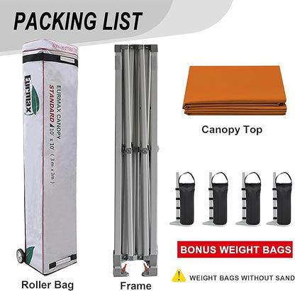 Eurmax USA 10x10ft Pop Up Canopy,Commercial Instant Tent for Outdoor Events,Patented No-Tip Rolling Storage Bag with 4 Sandbags,UV & Water Resistant,Heavy Duty Portable Shelter Gazebo,Pumpkin Orange