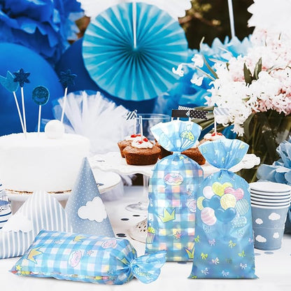 Marspark 100 Pcs Cartoon Cute Dog Party Favor Blue Goodie Bags with Ties 10.8 x 5 Inch Kawaii Themed Cellophane Candy Snacks Bags for Baby Shower Birthday Party Decorations